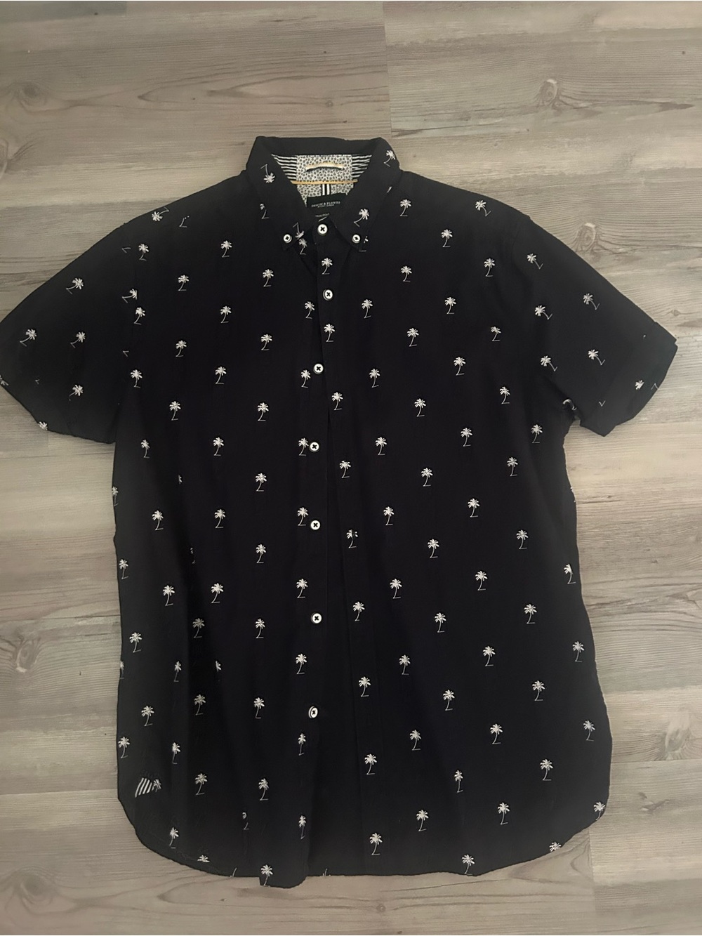 Denim & Flower Mens MEDIUM Black Short-Sleeve Button-Down Shirt White Palm Print